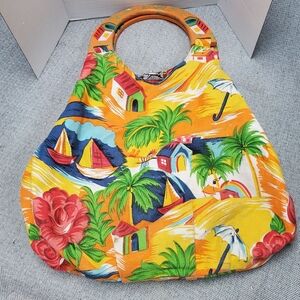 Vintage Look Tropical Print with Painted Wood Handle Women's Bag